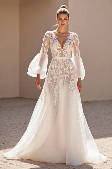 Ivory A Line V Neck Long Sleeves Wedding Dress with Lace